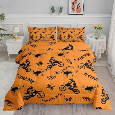 Dirt Bike Comforter Set Twin Size – 3Pcs Motocross Motorcycle Bedding with Orange Extreme Sport Design, Quilt Set for Boys Girls Men Women