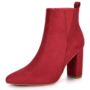 Allegra K Women's Faux Suede Pointed Toe Zipper Block Heels Ankle Boots - 1 of 4