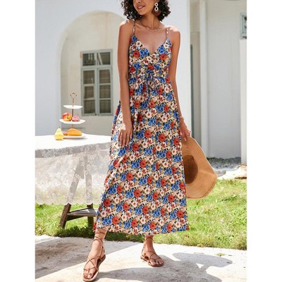 Womens Spaghetti Straps Summer Dresses Floral Sleeveless Beach Dress V Neck Drawstring High Waist A Line Casual Maxi Dress