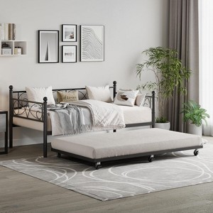 Twin Size Metal Daybed Frame with Trundle Heavy Duty Metal Slats, Mattress Foundation Platform Sofa Bed with Headboard for Bedroom - 1 of 4