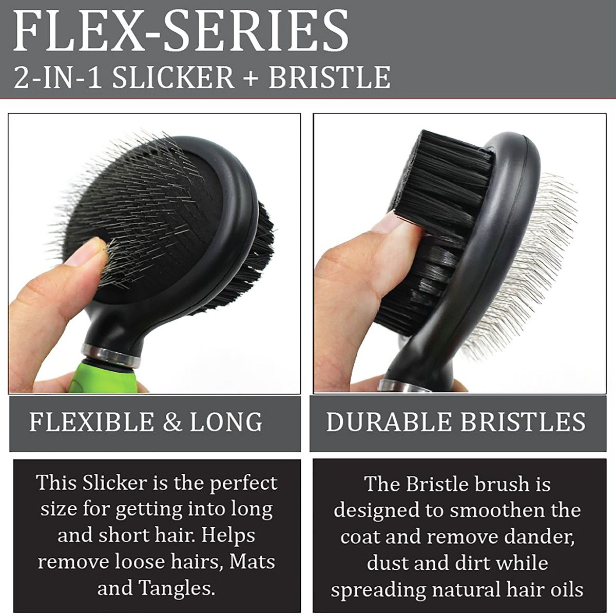 Pet Life Flex Series 2-in-1 Dual-Sided Slicker and Bristle Grooming Pet Brush, Green - thumbnail 3