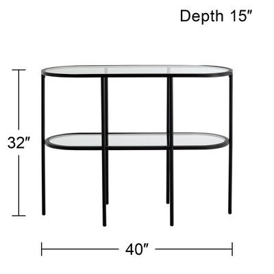 Remy Black Metal Oval Console Table with Clear Glass Shelves and Storage