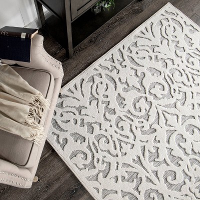 Natural Gray Damask Pattern Indoor Outdoor Runner Rug