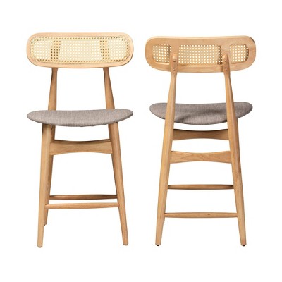 Baxton Studio 2pc Tarana Fabric and Wood Counter Height Barstools: Mid-Century Design, Woven Detail