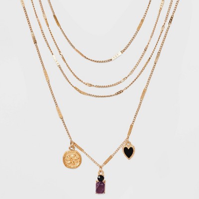 Flower and Heart Charm with Semi-Precious Lepidolite Chain Necklace - Universal Thread™ Purple/Black/Gold