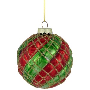 Northlight Glitter Lattice Striped Christmas Glass Ball Ornaments - 3" (80mm) - Red and Green - 4ct - 1 of 4