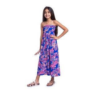 24seven Comfort Apparel Girls Blue Paisley Print Strapless Tube Maxi Dress - 1 of 4