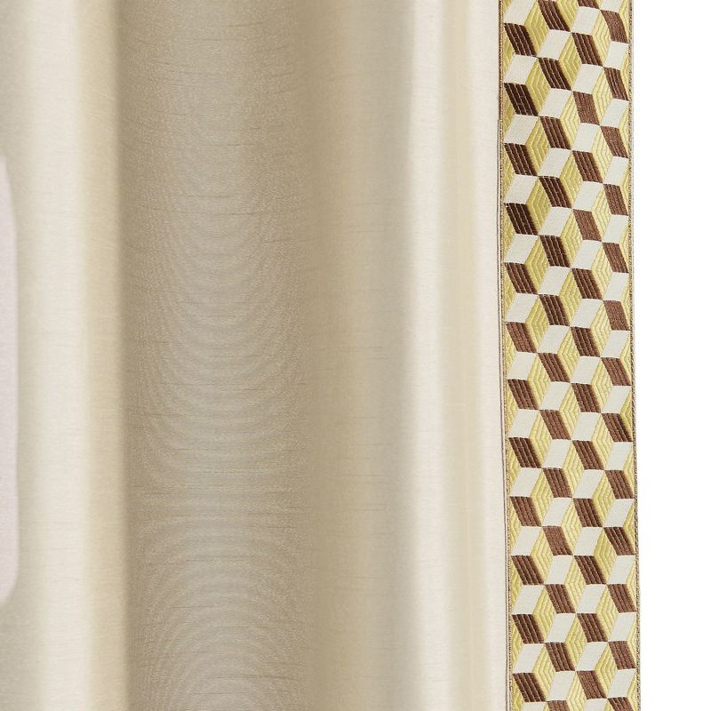 Luxury Mid Century Geo Faux Silk Jacquard Border Window Curtain Panel Neutral/Brown Single 52X84, 3 of 6