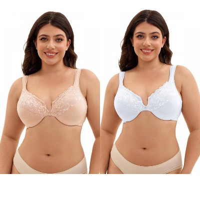 INSPIRE CHIC 2 Pcs Women's Front Closure Lace Trim Underwire Adjustable Straps Plunge Bras
