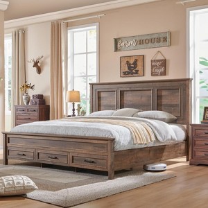 SinCiDo Farmhouse King Size Bed with Headboard, Wood Platform Bed Frame with 3 Storage Drawers, Easy Assembly - 1 of 4