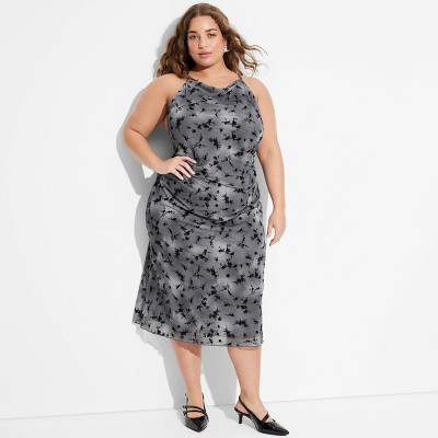 Women s Flocked Mesh Midi Slip Dress Wild Fable Gray black Floral 2x Target