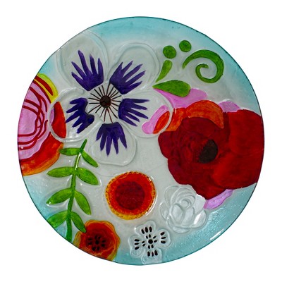 21" White and Multicolor Hand Painted Floral Glass Outdoor Birdbath with Stand
