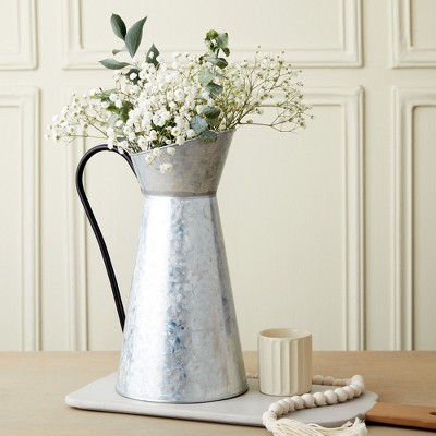 Rustic Galvanized Metal Pitcher Vase with Handle, 12 Inches