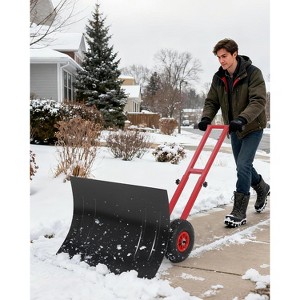 TackView Snow Shovel with Wheels, Heavy Duty Double Rod Wheeled Snow Pusher with Metal Blade, for Driveway Sidewalk Yard - 1 of 4
