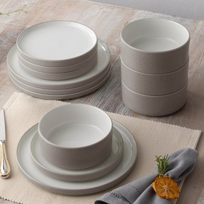 Taupe and White Porcelain 12-Piece Dinnerware Set, Service for 4
