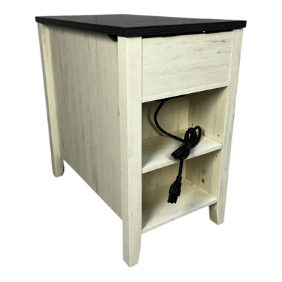 Vynxaria Farmhouse Bedside Table with Charging Station White+Black Barn Door Night Stand Storage for Bedroom Living Room