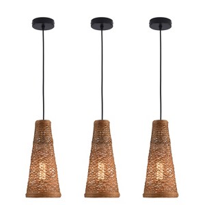 YIYIBYUS 3-Piece Modern Brown Rattan Island Pendant Light Adjustable Height - 1 of 4