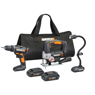 Worx WX958L 3pc Combo Kit w/ 20V Drill, Jigsaw and Flex (Snake) light