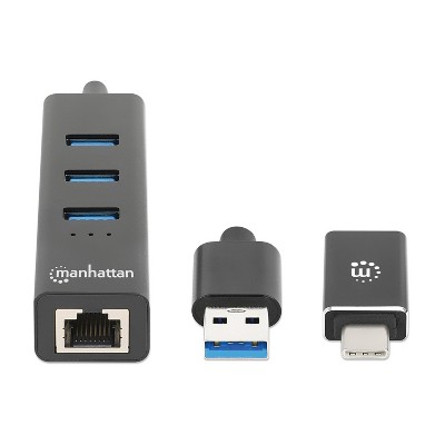 Manhattan® 3-Port USB 3.0 Type-C®/A Combo Hub with Gigabit Ethernet Network Adapter in Black