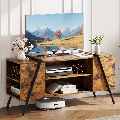 TV Stand with Slanted Metal Legs, Industrial Media Console with Adjustable Open Shelves, Wooden Entertainment Center Television Stand