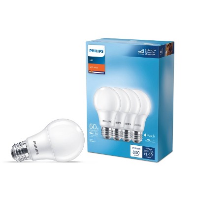 Philips LED 60W Frosted Soft White Non-Dim A19 4P (Non-T20): 800 Lumens, 2700K, E26 Base, 10-Year Life, 4-Pack