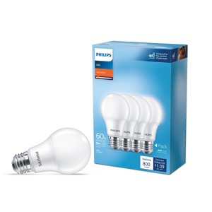 Philips LED 60W Frosted Soft White Non-Dim A19 4P (Non-T20): 800 Lumens, 2700K, E26 Base, 10-Year Life, 4-Pack - 1 of 4