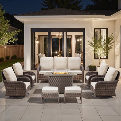 Buenhomino Patio Furniture Set with Fire Pit Table-High Back Outdoor Swivel Chairs Set with Thick Cushions Outdoor Patio Conversation Sets