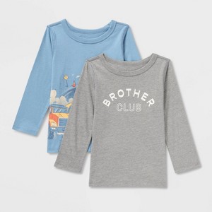 Toddlers 2pk Adaptive Long Sleeve 'Trucks/Brother' Graphic T-Shirt - Cat & Jack™ Dusty Blue/Heather Gray - 1 of 3