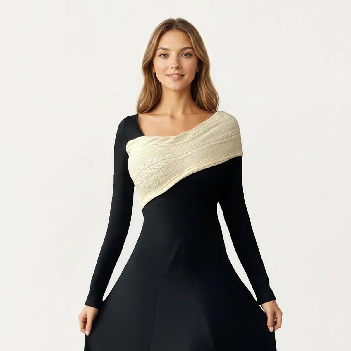 Anna-Kaci Women's Black Midi Dress with Off-Shoulder Knit Detail and Long Sleeves - thumbnail 2
