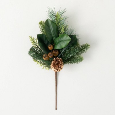 18"H Sullivans Artificial Christmas Mixed Pine Magnolia Pick, Green-Brown, Indoor Christmas Decor