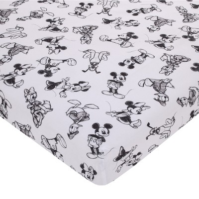 NoJo Disney Mickey Mouse - Charcoal, Black and White Mickey and Friends, Minnie Mouse, Donald Duck  and Pluto Nursery Fitted Mini Crib Sheet