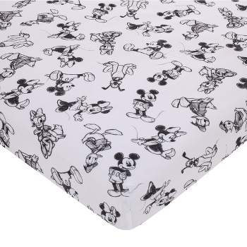 Disney Mickey Mouse - Charcoal, Black and White Mickey and Friends, Minnie Mouse, Donald Duck  and Pluto Nursery Fitted Mini Crib Sheet