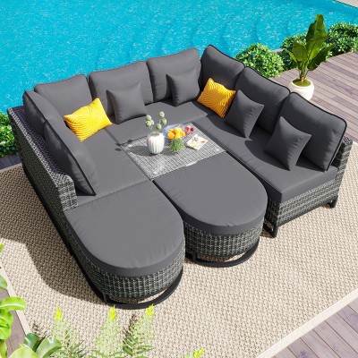 Outdoor 7-Pieces Sofa Set, Free Combination Sofa Set with 2 Coffee Table, Rattan Sofa Set with Iron Frame and Polyester Cushions–Cuddlewood