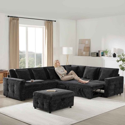 117 Inch Sectional Sofa with Storage Ottoman, Pull-Out Sleeper with Flip-Up Table and USB Ports, Chenille Sofa with Wood Frame-Coolbibila
