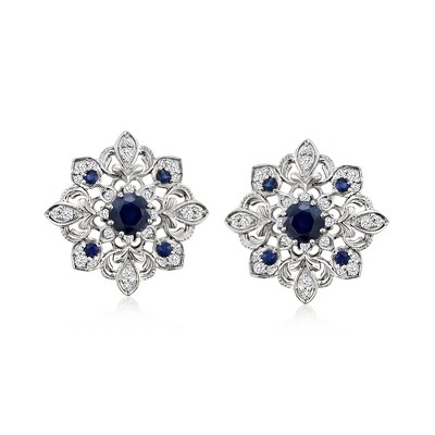 Ross-Simons 1.10 ct. t.w. Sapphire and .36 ct. t.w. Diamond Milgrain Earrings in Sterling Silver