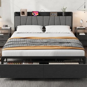 Platform Bed Frame with Headboard, Storage Drawers & Built-In Charging Station, Upholstered Metal Slat Bed, No Box Spring Needed, Easy Assembly - 1 of 4