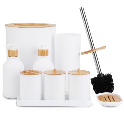 NewHome "9-Piece Bathroom Accessories Set – Black & White Trash Can, Lotion Dispenser, Soap Dispensers, Toothbrush Holder, Vanity Tray & More" Black