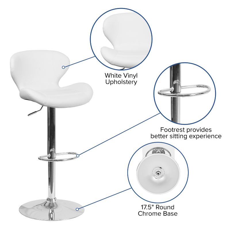 Emma and Oliver 2 Pack Contemporary Vinyl Adjustable Height Barstool with Curved Back and Chrome Base, 4 of 12