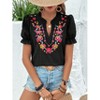 Coolmee Women's Casual Floral Embroidered V Neck Boho Short Puff Sleeve Shirts Loose Summer Blouses Tops Fashion Clothes - 2 of 4