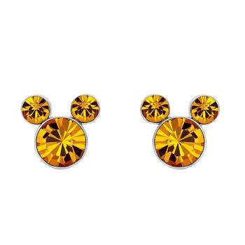 Disney Mickey Mouse Silver Plated Birthstone Stud Earrings - November Topaz Brown Crystal