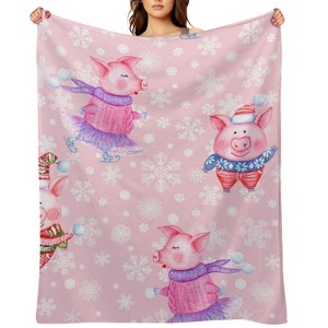 FIONECA Adorable Skating Pig Christmas Blanket with Snowflake Pattern Soft Cozy Holiday Throw 60x80 inches - 1 of 1