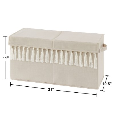 Taupe and Ivory Linen Blend Boho Fringe Toy Storage Bin