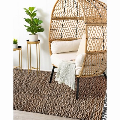 Handmade Braided Black Wool Rectangular Rug with Geometric Design