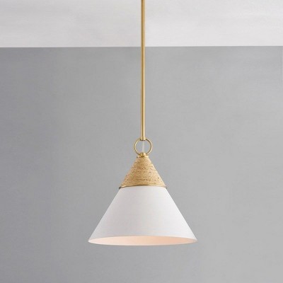 Aged Brass and White Cone Pendant Light with Rattan Accent