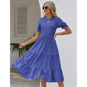 Women's Summer Puff Short Sleeve Smocked Midi Dress with Elastic Waist and Tiered A Line Maxi Design - 1 of 4