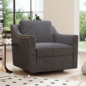 360 Degree Swivel Armchair Cotton Linen Skin-Friendly Fabric Ergonomic Design Brass Nail Decorative Armchair With Black Legs-Cuddlewood - 1 of 4