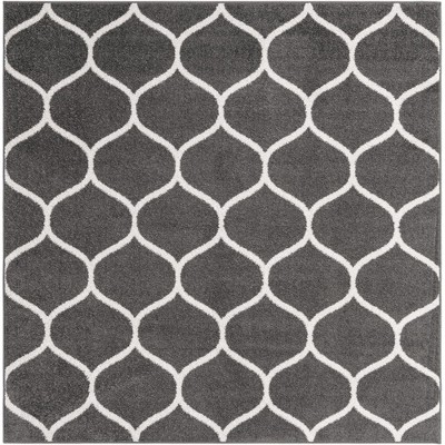 6' Square Dark Gray Ivory Trellis Frieze Synthetic Rug