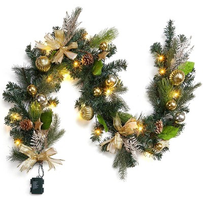 6 ft Pre-Lit Gold Christmas Garland, Battery Operated with 20 Lights, Ribbon, Ball Ornaments, Pine Cones & Star, for Mantel, Stairs, Table Decor