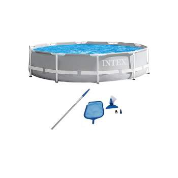 Intex 26701EH 10ft x 30in Prism Metal Frame Above Ground Swimming Pool with Filter Pump and Cleaning Maintenance Kit with Vacuum, Skimmer and Pole