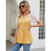 Womens V Neck Pelpum Shirts Lace Short Sleeve Floral Tops Front Button Tops - 2 of 4